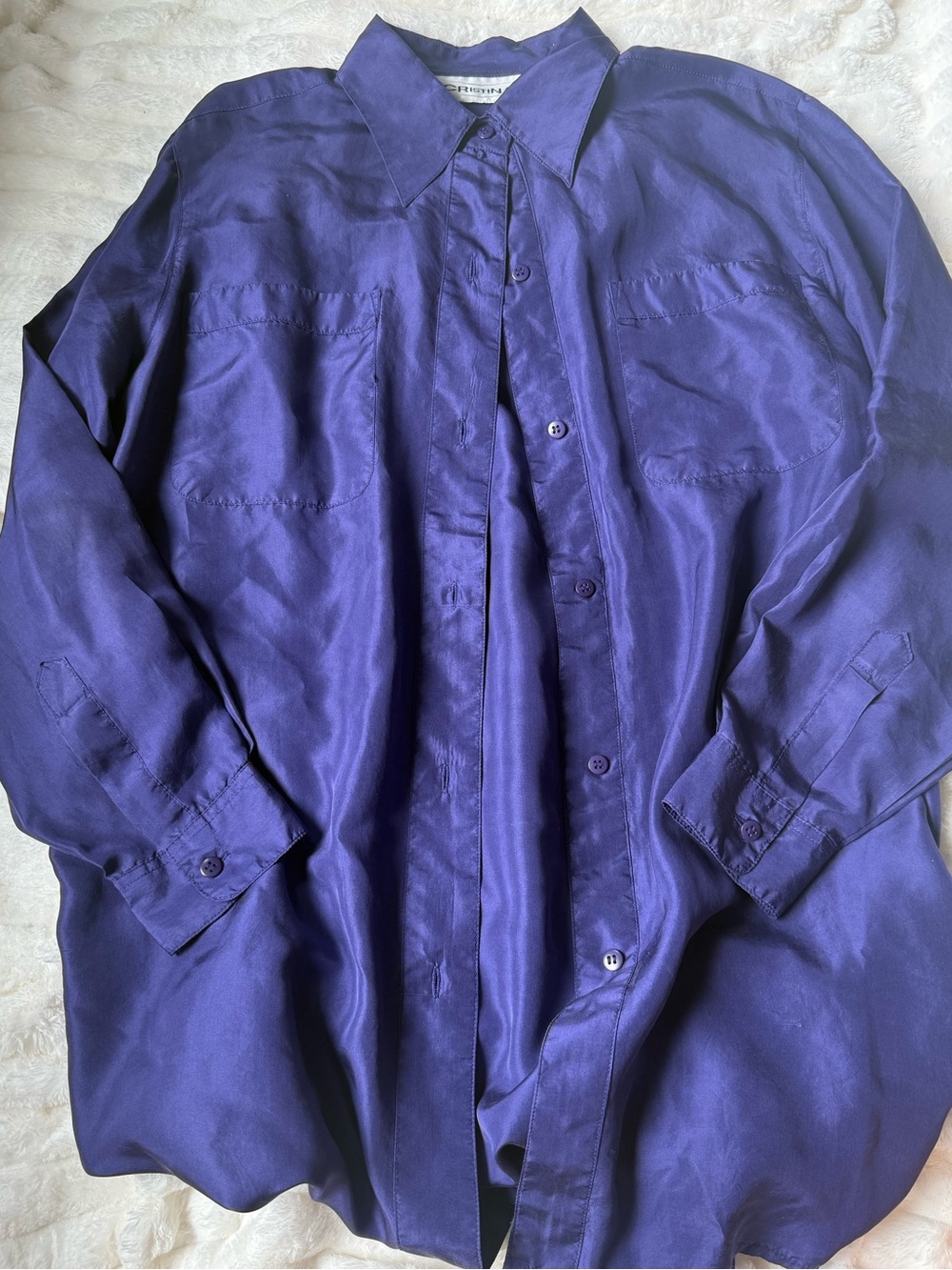 Vintage Silk Vibrant Blue Purple Button-Up Tunic Shirt